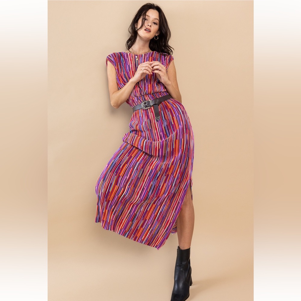 22 Boho Multi Color Rib Pleating Detailed Dress - Picture 2 of 6